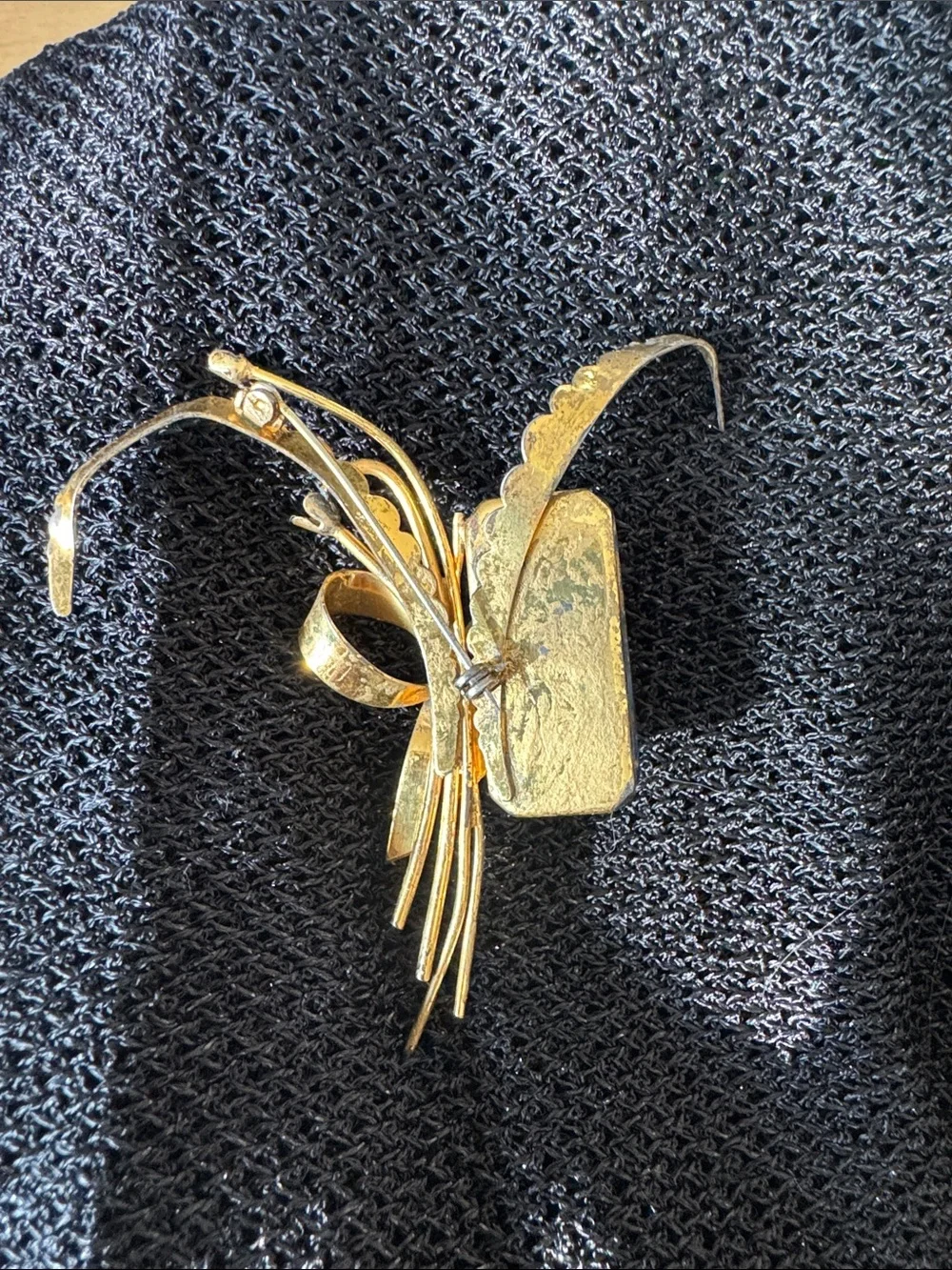 Gold-Tone Floral Brooch with Blue Rectangular Stone